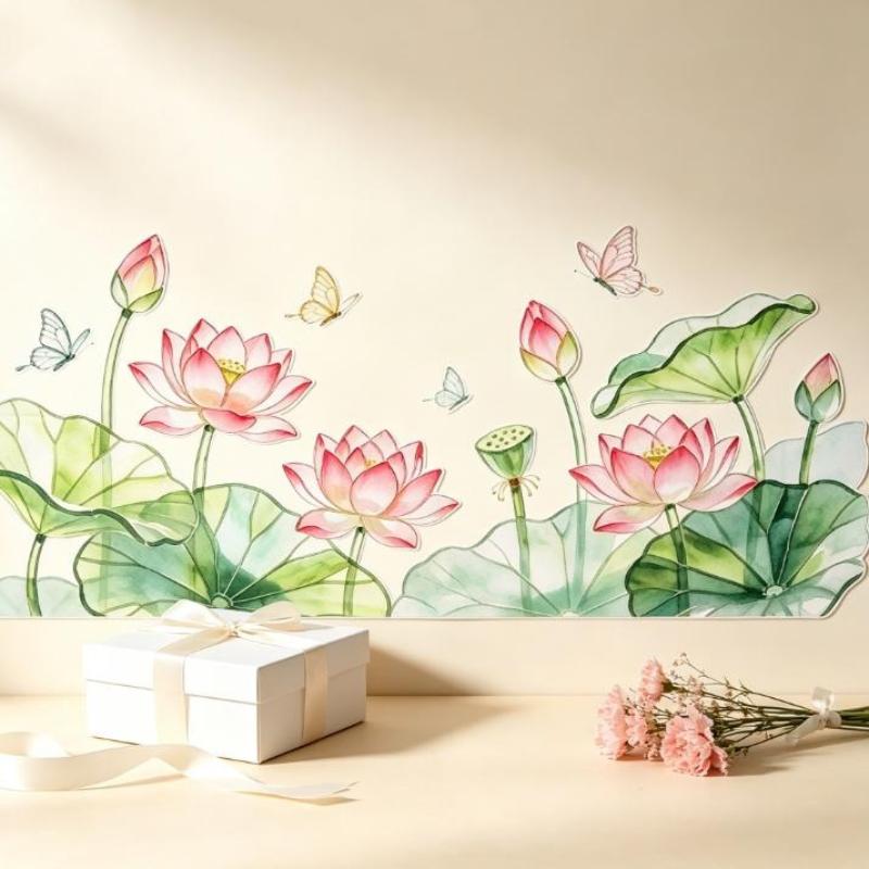 Fresh Lotus Flower Wall Decal No Residue Waterproof Peel & Stick Decor for Bathroom Sink Background Wall