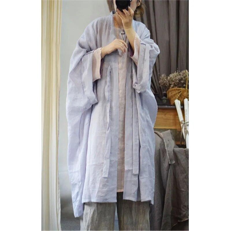Johnature Linen Chinese Style Casual Shawl Autumn Woman Fashion Vintage Style Solid Color Long Sleeves Coat