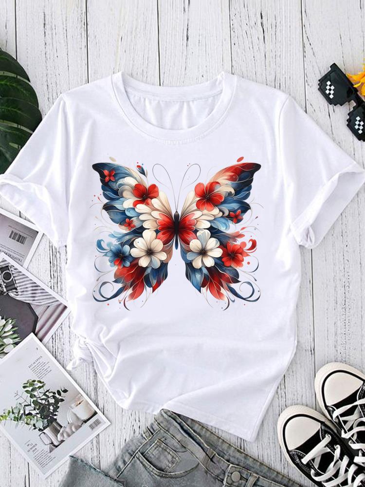 (Asian Size) Print O-neck style flower Fashion Female Casual Women's Top T Clothing Graphic Tee Short Sleeve T-shirts