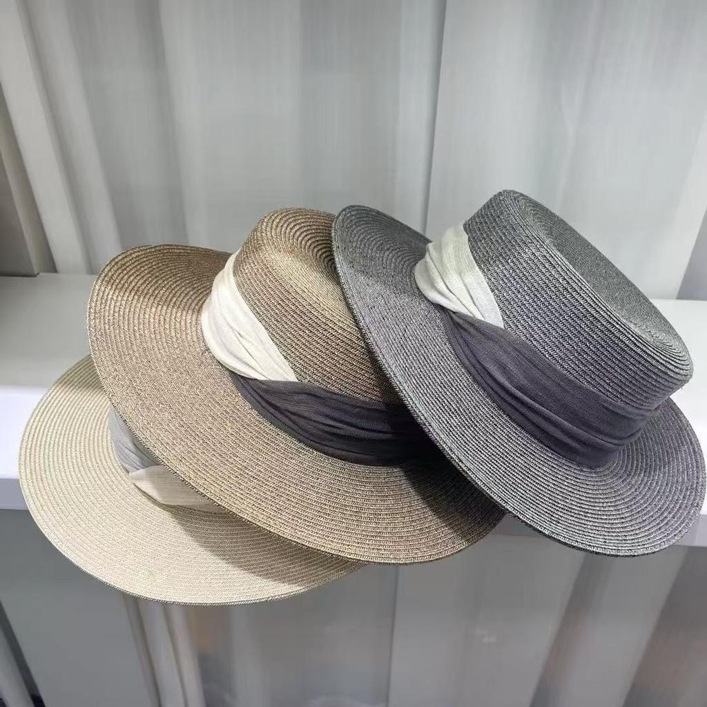 Flat top straw hat summer vacation seaside Panama straw hat French beach hat straw shading sun protection hat