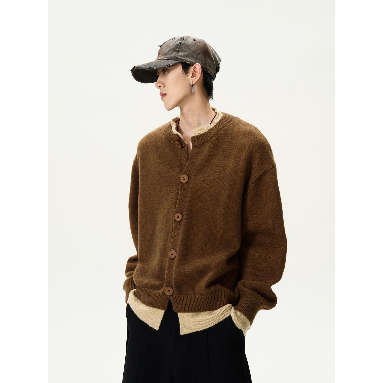 

Retro Color-Block Patchwork Cardigan Sweater – Two-Piece Knitwear for a Relaxed College Style 3XL кавовий