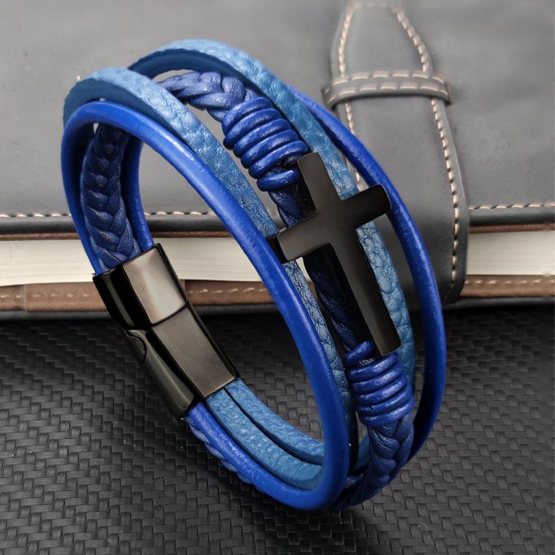 New Arrival Classic Stainless Steel Blue Cross Braided Genuine Leather Bracelets Magnetic Clasp Mens Charm Bangles Wholesale