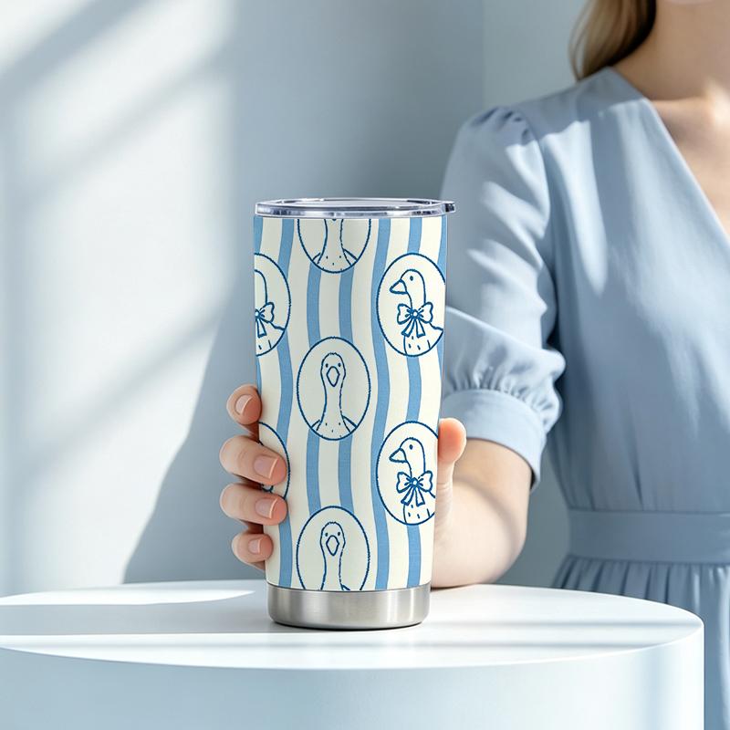 Car Tumbler 591ml(1 Random Straw Included)Vertical Stripe Oval Duck Bow MotifOutdoor Portable Cup Large Iced Cup Vacuum Insulated Cup Car Tumbler 591ml