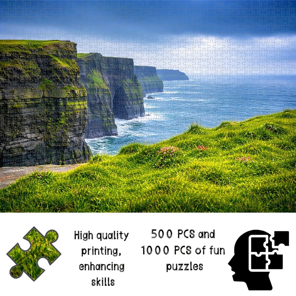 500/1000pcs Puzzle Game (Cliff Top Green with Pink Flowers, Layered Cliff Sea Cave Meeting Waves, Distant Cliff Mist Meeting Ocean) Suitable for Livin