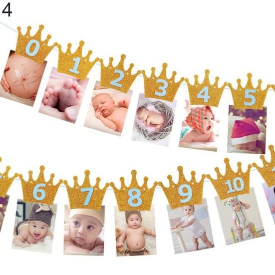1st Baby Birthday Party Glitter Crown Monthly Photo Banner 1-12 Months Garland