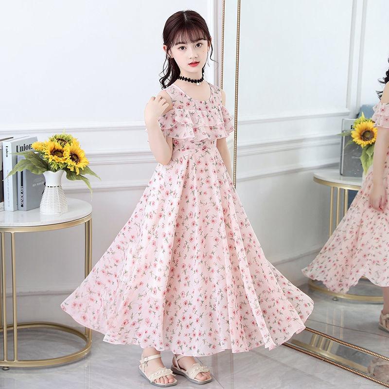 Kleines Mädchen Blumen Chiffon Prinzessin Langes Kleid Kinder Sommer Freizeitkleid