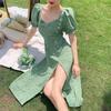 Vestido de verano para mujer, mangas de burbuja, dobladillo suelto con abertura alta, cuello cuadrado, estampado de flores, fruncido para citas, cintura ajustada, vestido a media pierna para mujer, ropa femenina