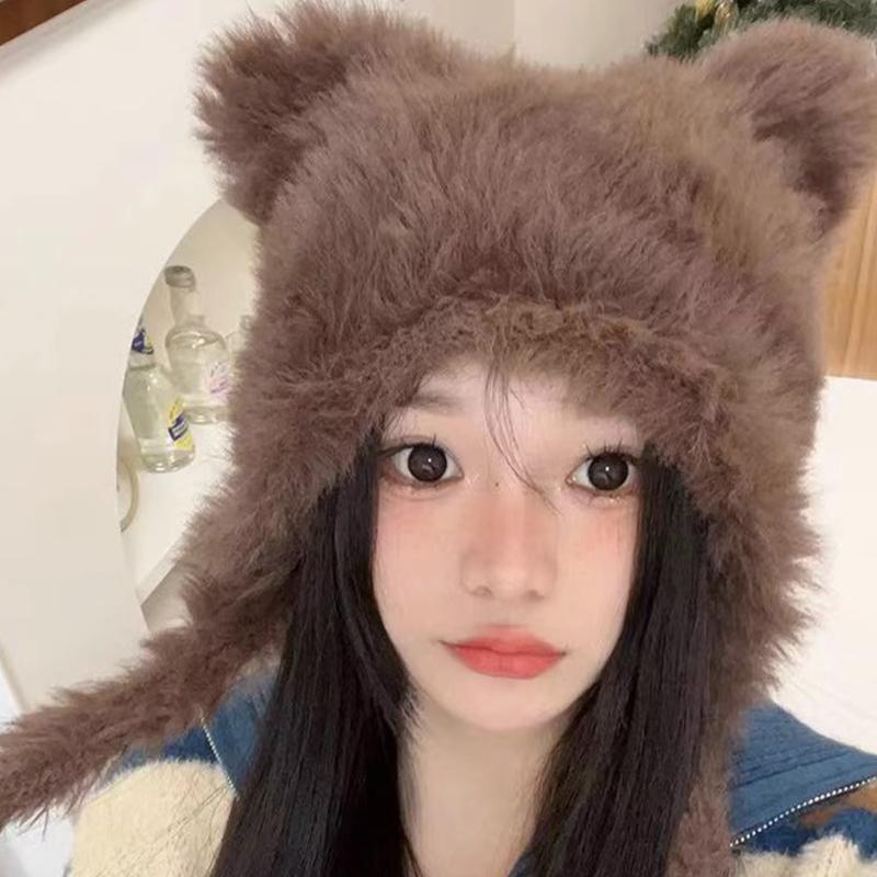 Winter Warm Plush Hat for Women Funny Bear Ear Hat Hooded Skull Hat Outdoor Activity Cap Windproof Headwear Pullover Hat