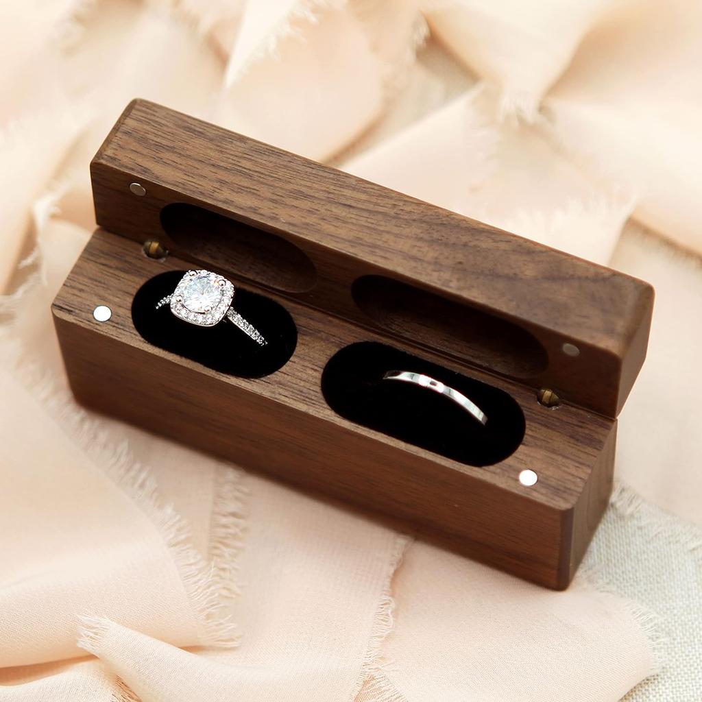 MUUJEE Double ring box - Slim wooden ring box for wedding ceremony proposal ring bearing box - Anniversary birthday gift ideas B