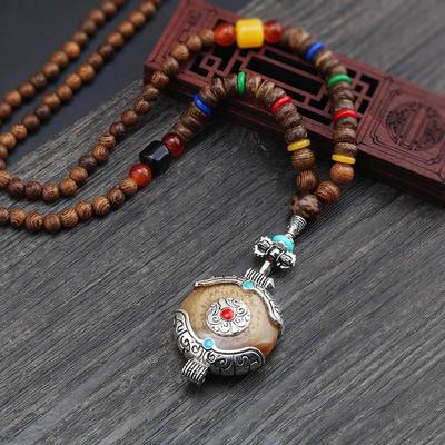 Ethnic Style Retro Long Wooden Sweater Chain Bodhi Pendant Wooden Bead Necklace Men Women Cotton Hemp Pendant Accessories