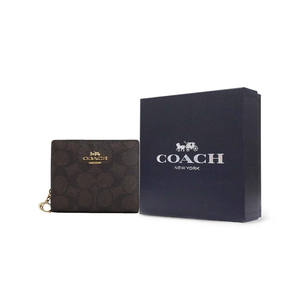 Coach Snap 11 Gold Logo Button Closure Coated Canvas Wallet Women wallet Walnut Black CW789-IMXAQ