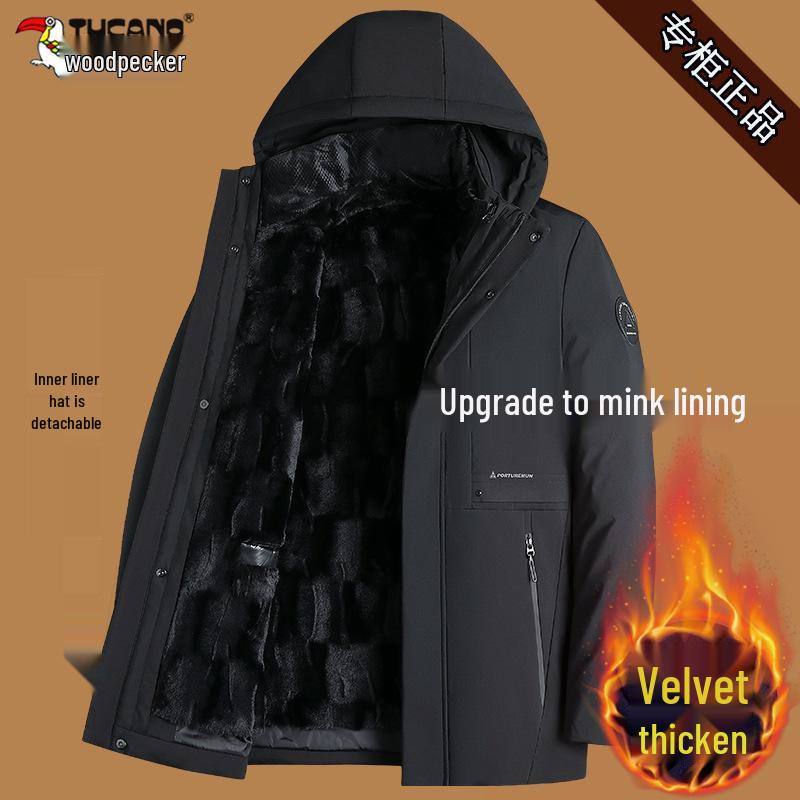 Men's Woodpecker Plus Velvet Mid-length Jacket with Hood, Detachable Liner, Cotton Winter Coat for Middle-aged and Elderly