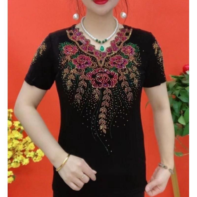 Women's Summer Hot Diamond V-neck Short Sleeved High Elasticity Slim Fit Temperament Base Shirt, Slimming and Casual Plus Size T-shirt