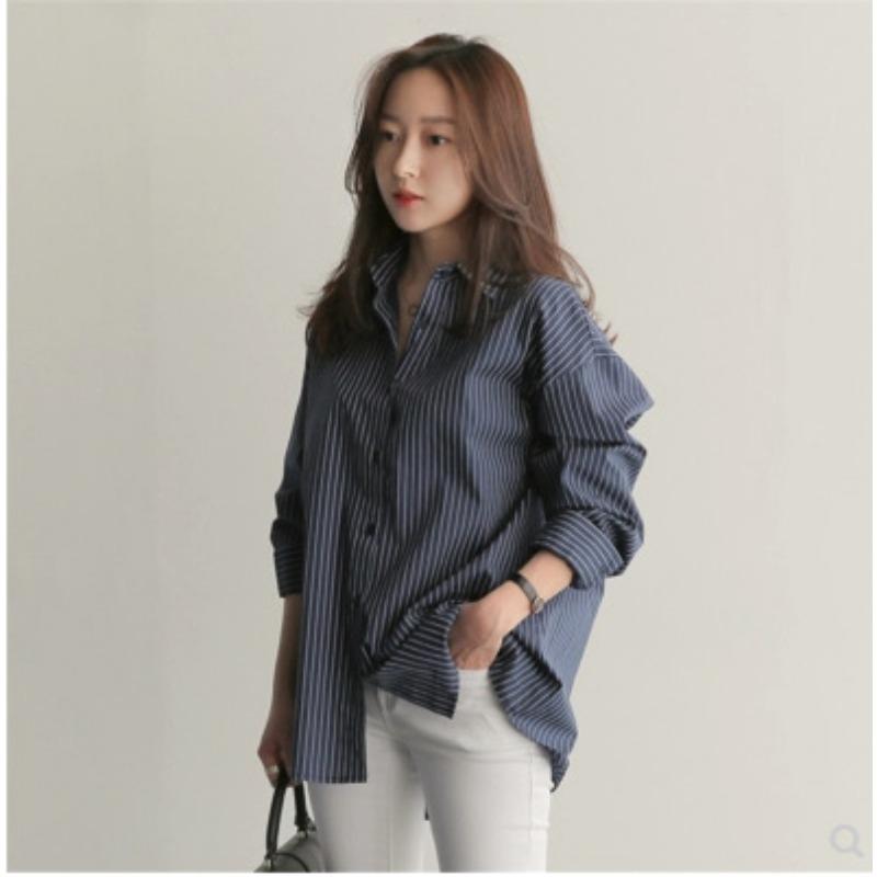 Women S Loose Plus Size Vertical Striped Long Sleeve Mid Length Casual Shirt