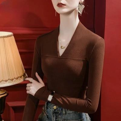 2025 V-neck Brushed Solid Color Bottoming Long-sleeved T-shirt Women's Slim Autumn Style Versatile Top