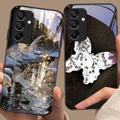 Gradient Butterfly For Samsung Galaxy A15 5G 54 4G 51 50 24 35 90 71 12 51 53 52S 80 22 34 Black Tempered Glass Phone Case