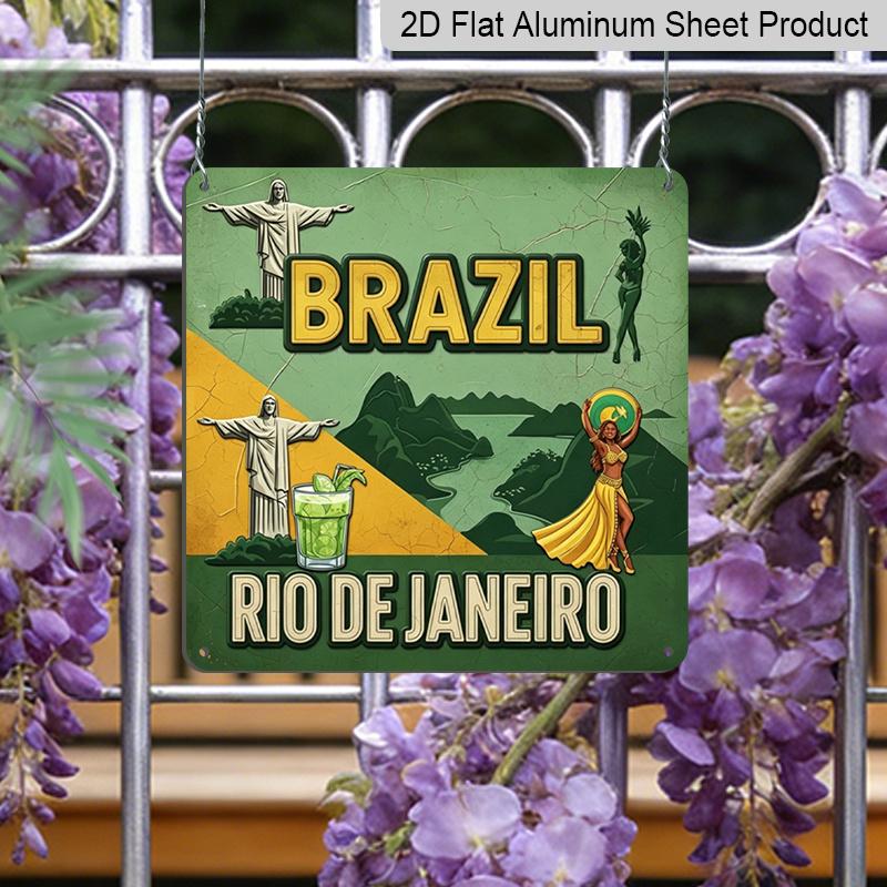 2D Flat - 1pc Brazil De Janeiro Vintage Square Aluminum Sign| South American Vintage Style, Entryway Decor and Themed Wall Decoration, Cultural