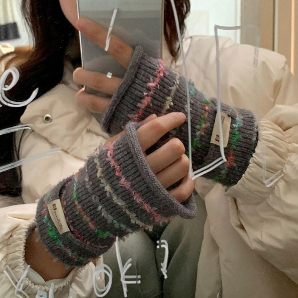 Thickened Stripes Knitted Gloves Y2k Fingerless Mittens Kawaii Women Winter Gloves  Student