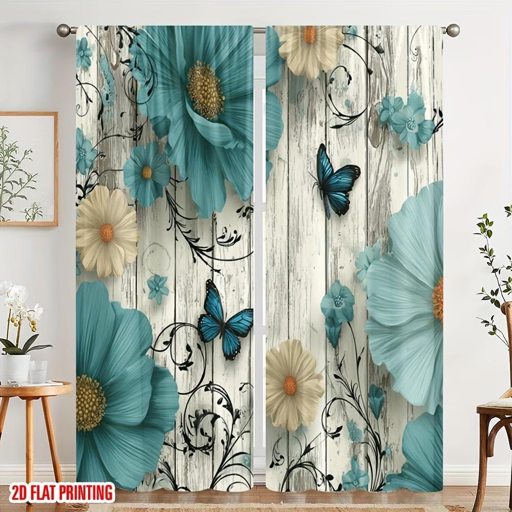 2PCS Digital Printed Curtains, Blue Flower Butterfly Nature Insect Floral, Window Drapes for Living Room Bedroom Home Decoration