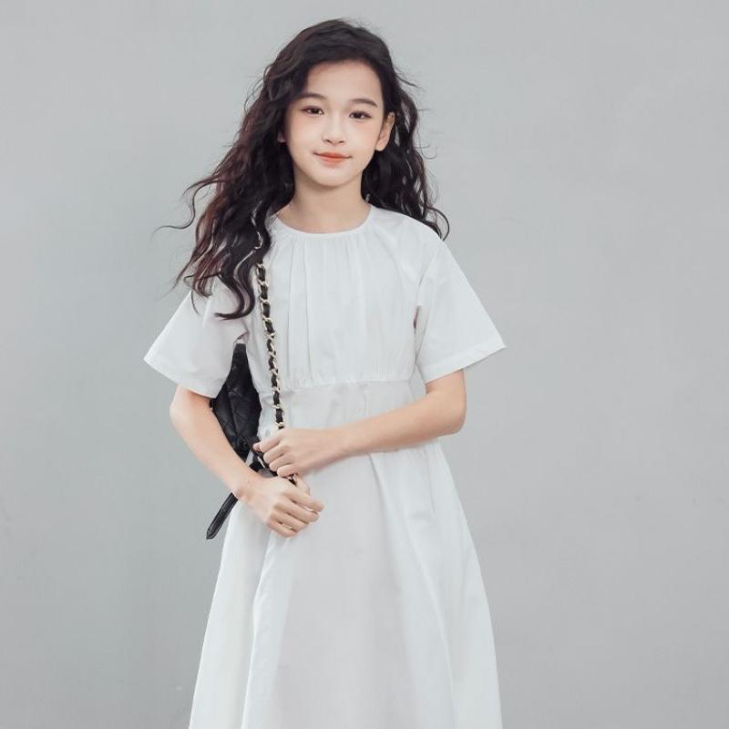 Girls' Fashion Short-Sleeve Shirt Dress Summer Children's Elegant Waist-Cinched Dress