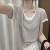 Loose and Slimming Contrasting Color Fake Two-piece Thin Ice Silk Short-sleeved T-shirt for Women To Cover Belly Plus Size Top