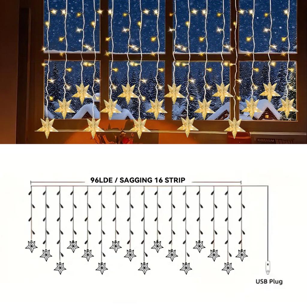 1pc 96LED Star Curtain Light with 8 Lighting Modes USB Powered Indoor Hanging Lamp Perfect For Christmas Wedding Home Decoration