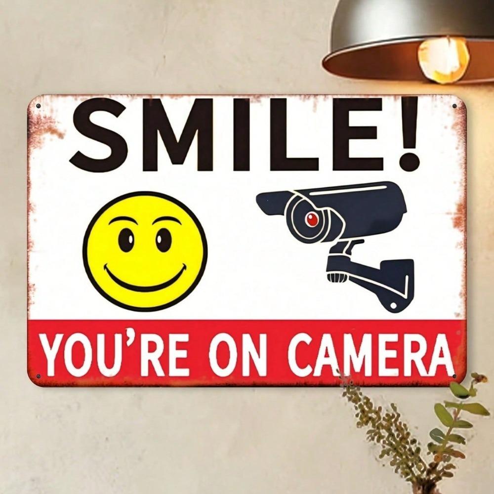 Vintage Metal Security Camera Sign 8x12 Retro Surveillance Warning Plaque, No Power Needed Wall Decor for Bars, Cafes