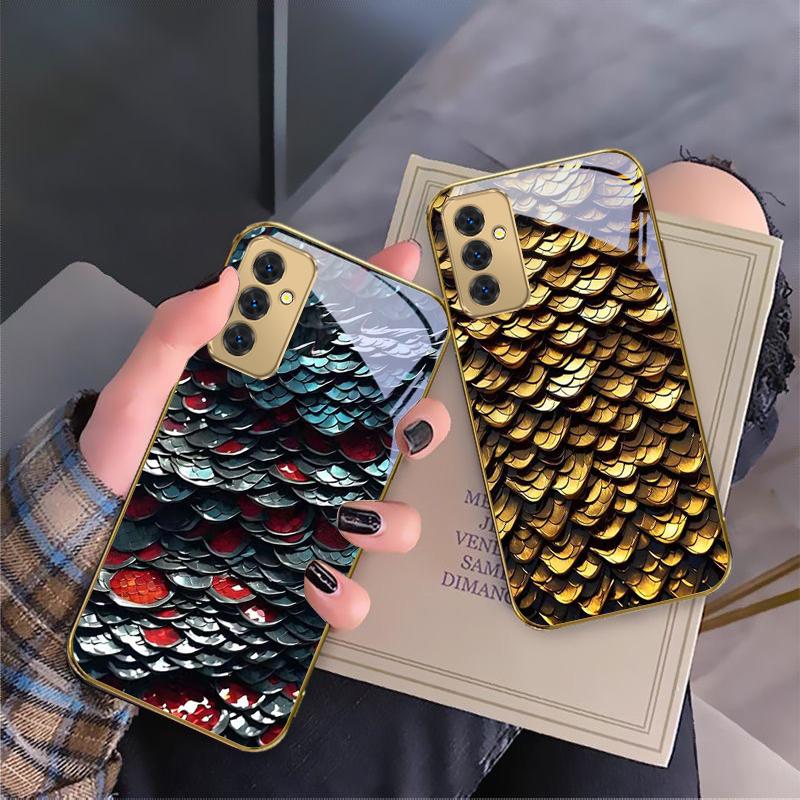 Golden scale texture For Samsung Galaxy S 21 S22 S23 Plus S24 Ultra S20 FE 25Ultra S21+ S9+ 22Plus Golden glass phone case