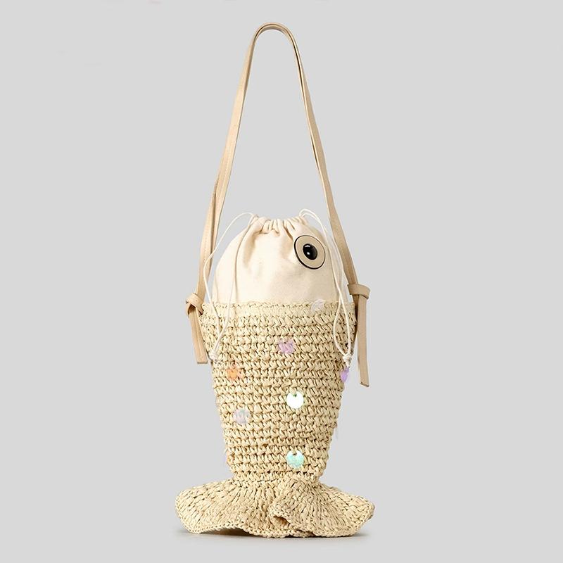 

Ceative Sequins Fish Shaped Straw Women Shoulder Bags Paper Woven Crossbody Bag Funnuy Cute Summer Beach Tote Bag Female Purses