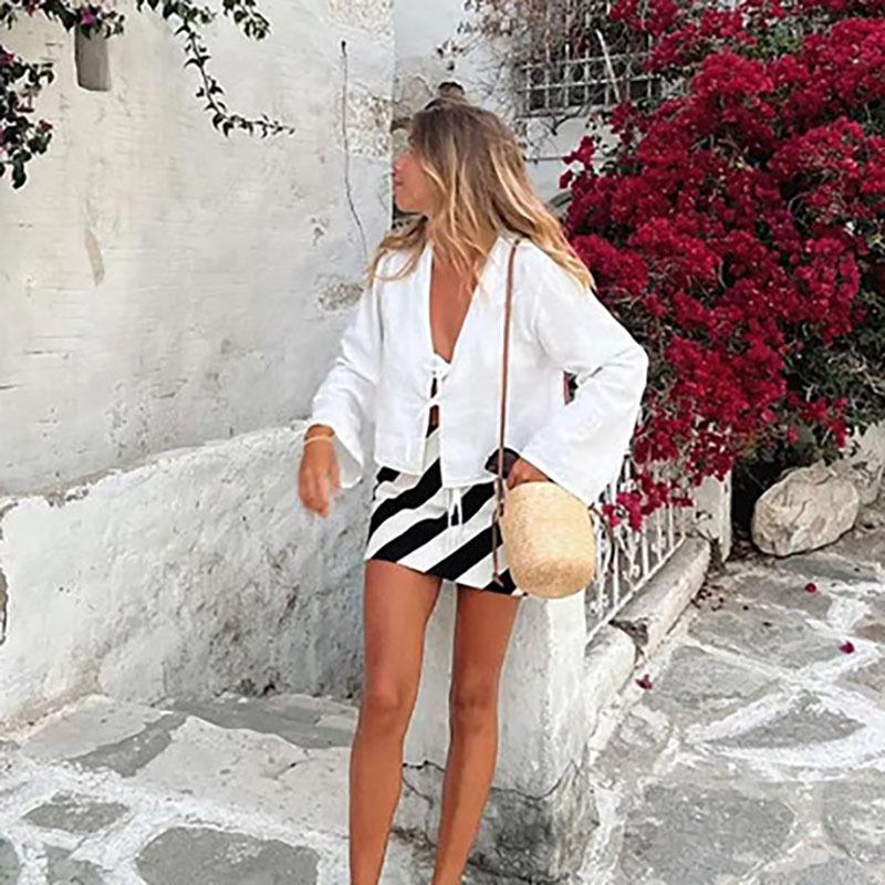 Spring/Summer Trendy Deep V Trumpet Sleeve Tie Top - European & American Women's Fashion