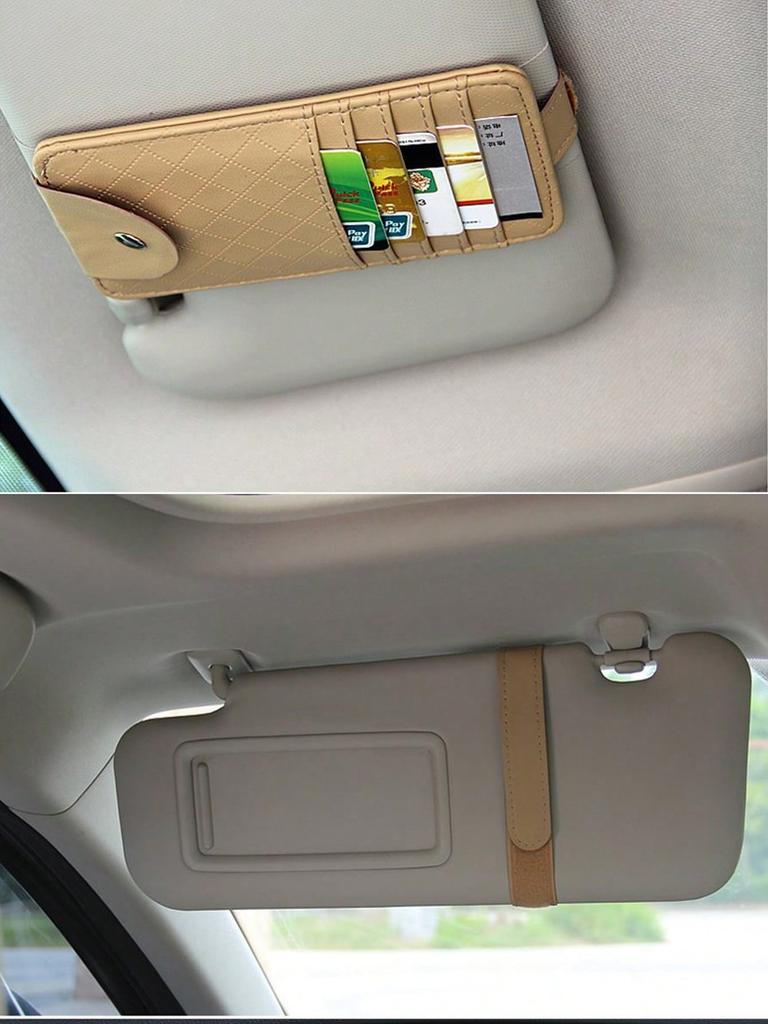 1Pc Car Sun Visor PU Leather Organizer - Multifunctional Sunglasses & Card Holder, Velcro Design, Universal Fit.