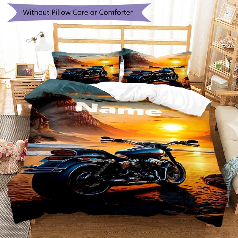 3pcs Custom Name Motorcycle Bedding Set Duvet Cover Closure Includes 1 Duvet Cover & 2 Pillowcases, Soft and Comfortable for All Seasons.
