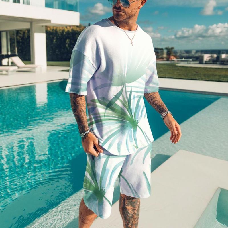 Men's 3D Printed Sports Two-Piece Set O-Neck T-Shirt Plant Pattern Printing Casual Fitness Short Sleeve Tops Shorts