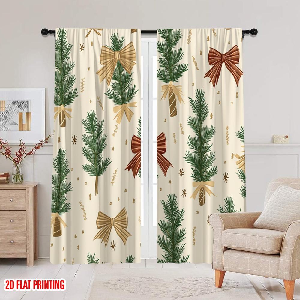 2pcs,2D Plane Printing Window Curtain Christmas Trees Bows Holiday_a Polyester Fabric (without Rod) Versatile All for Living