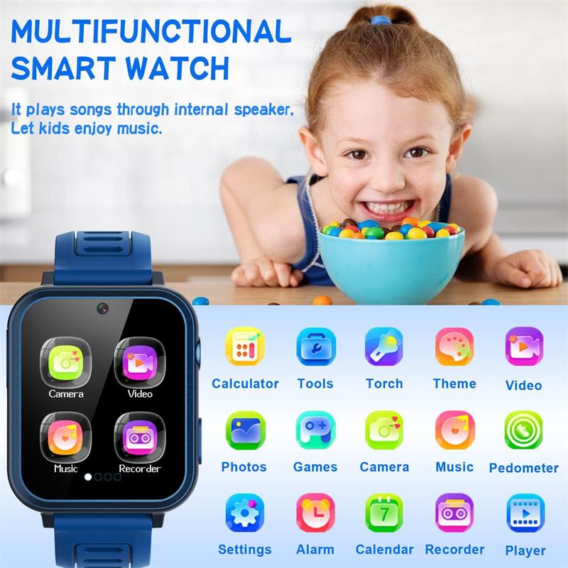 Smartwatch für Kinder, 24 Puzzlespiele, Telefonanruf-Uhr, Musik-Player, Schrittzähler, Wecker, Taschenrechner, Taschenlampe, Geschenk für Jungen und Mädchen im Alter von 4–12 Jahren