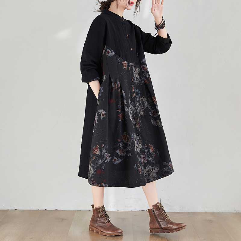 

Женские платья весна-осень, тонкий срез повседневного литературного хлопка и льна с принтом, с длинными рукавами и средней длиной XXS