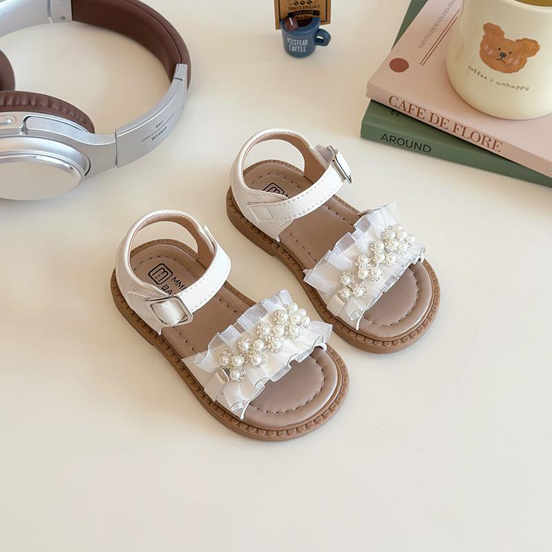 Kids Pearl Mesh Decor Open Toe Adjustable Back Strap Sandals 21 бежевый
