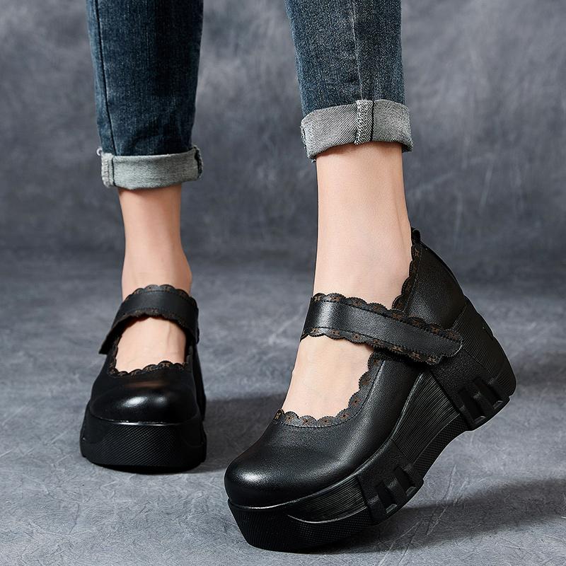 Fashion GKTINOO 2025 Autumn New Genuine Leather Comfortable Thick Soled Shoes Wedges Heel Pumps Soft Soled Women's Flat Platform Shoes