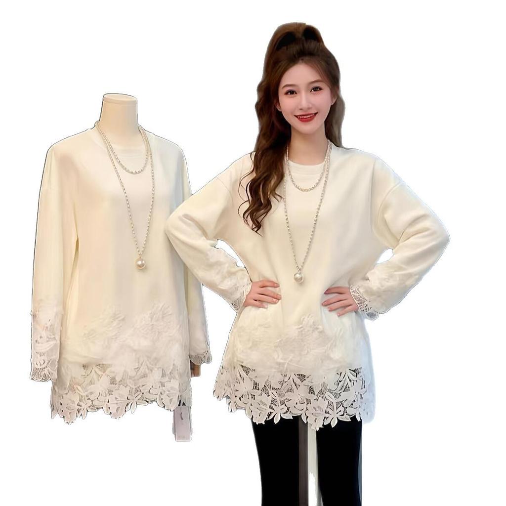 Mid-Length German Fleece Lace Patchwork Long Sleeve T-shirt - Women's Thickened Base Layer, Autumn/Winter 2026 Collection.