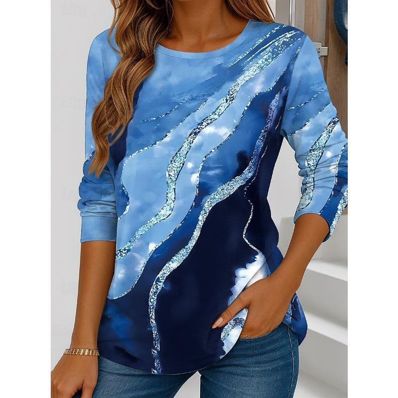 Mode Damen T-Shirts Lässige Langarm Tops Geometrische Grafiken T-Shirts Bluse Rundhals Herbst Winter Streetwear Pullover