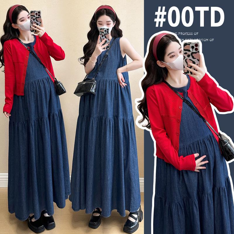 2026 Spring Maternity French Two-Piece: Long-Sleeve Cardigan + Loose Vest Cake Skirt M
