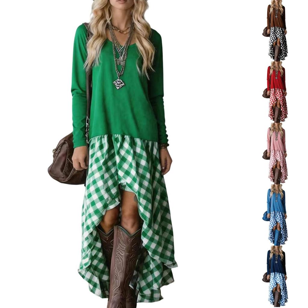 Women's Long Sleeve Bohemian Dress with Plaid Patchwork and Asymmetric Hem for Spring and Fall