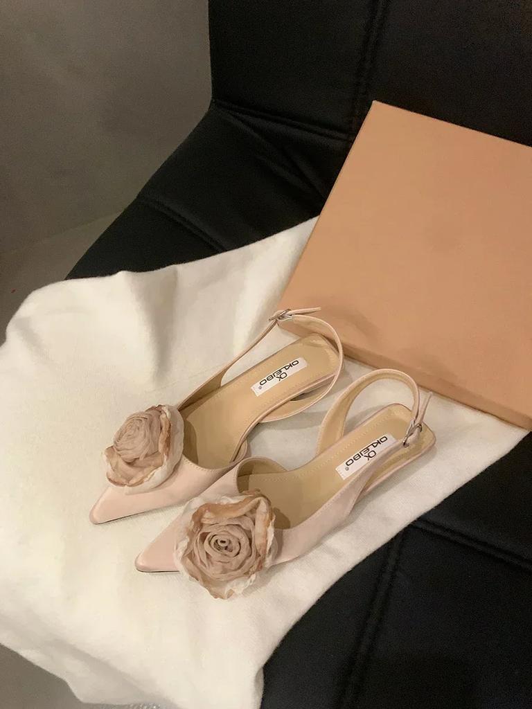 New Flower Designer Sandals Women Elegant Satin Mule Shoes Summer Pointed Toe Pumps Low Heel Flowers Slingback Zapatos De Mujer