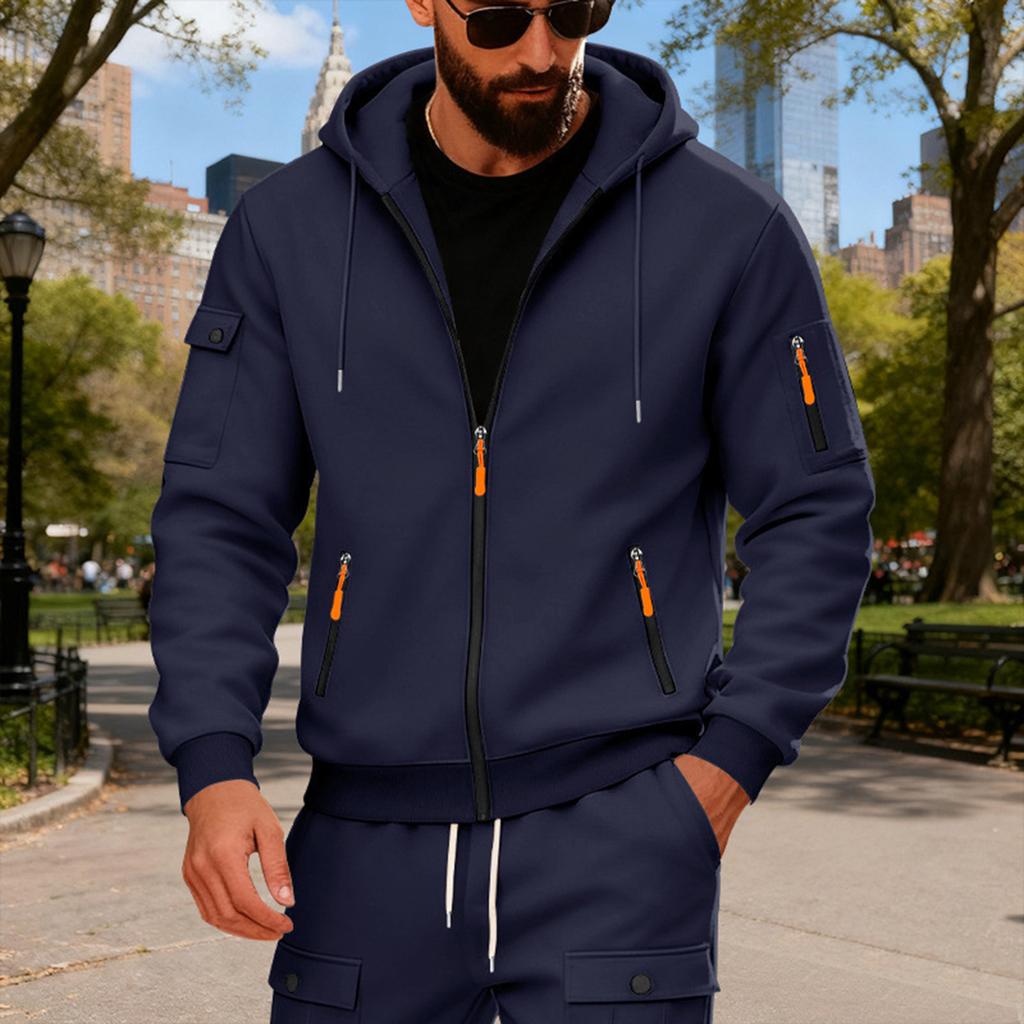 Men's Loose Hooded Zipper Arm Pocket Cardigan Men's Sports Casual Sweatshirt Jacket