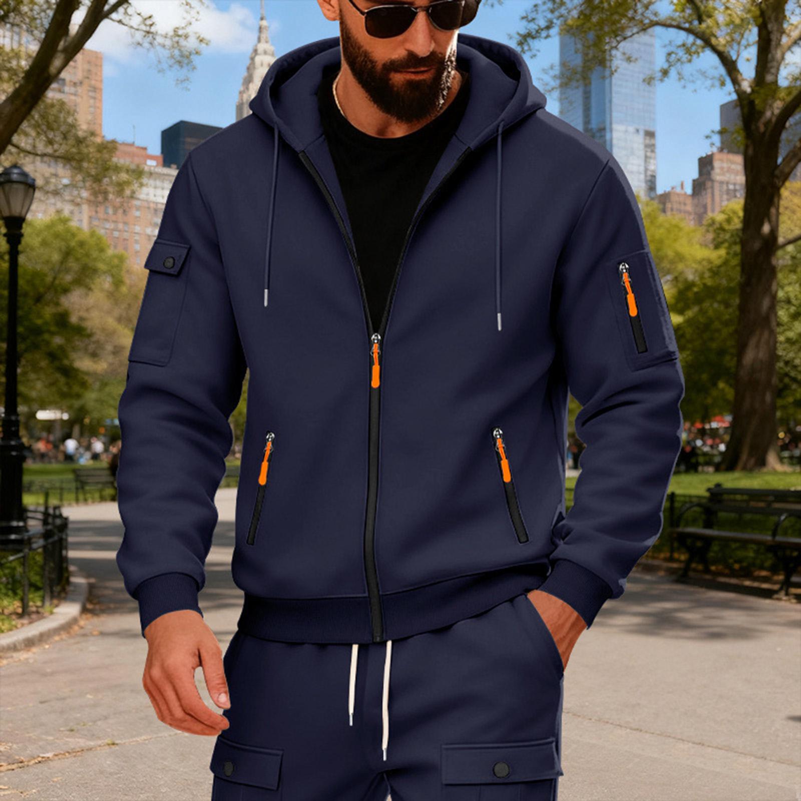 

Мужской свободный кардиган с капюшоном и карманом на молнии на рукаве, мужская спортивная повседневная толстовка-куртка XXXL тёмно-синий