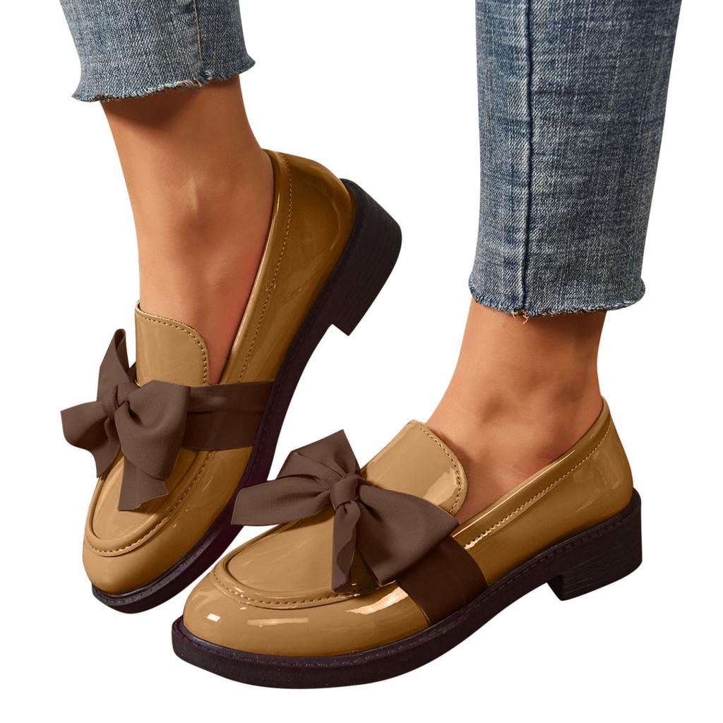 Modische Damen-Loafer mit Rundspitze und Schleife, Übergröße, Kleine Lederschuhe