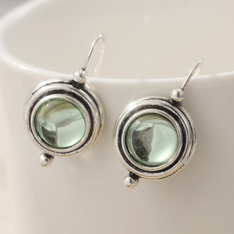 Exquisite Elegant Green Stone Round Pendant Earrings for Women Vintage Silvery Plated Daily Versatile Jewelry Accessaries Gifts