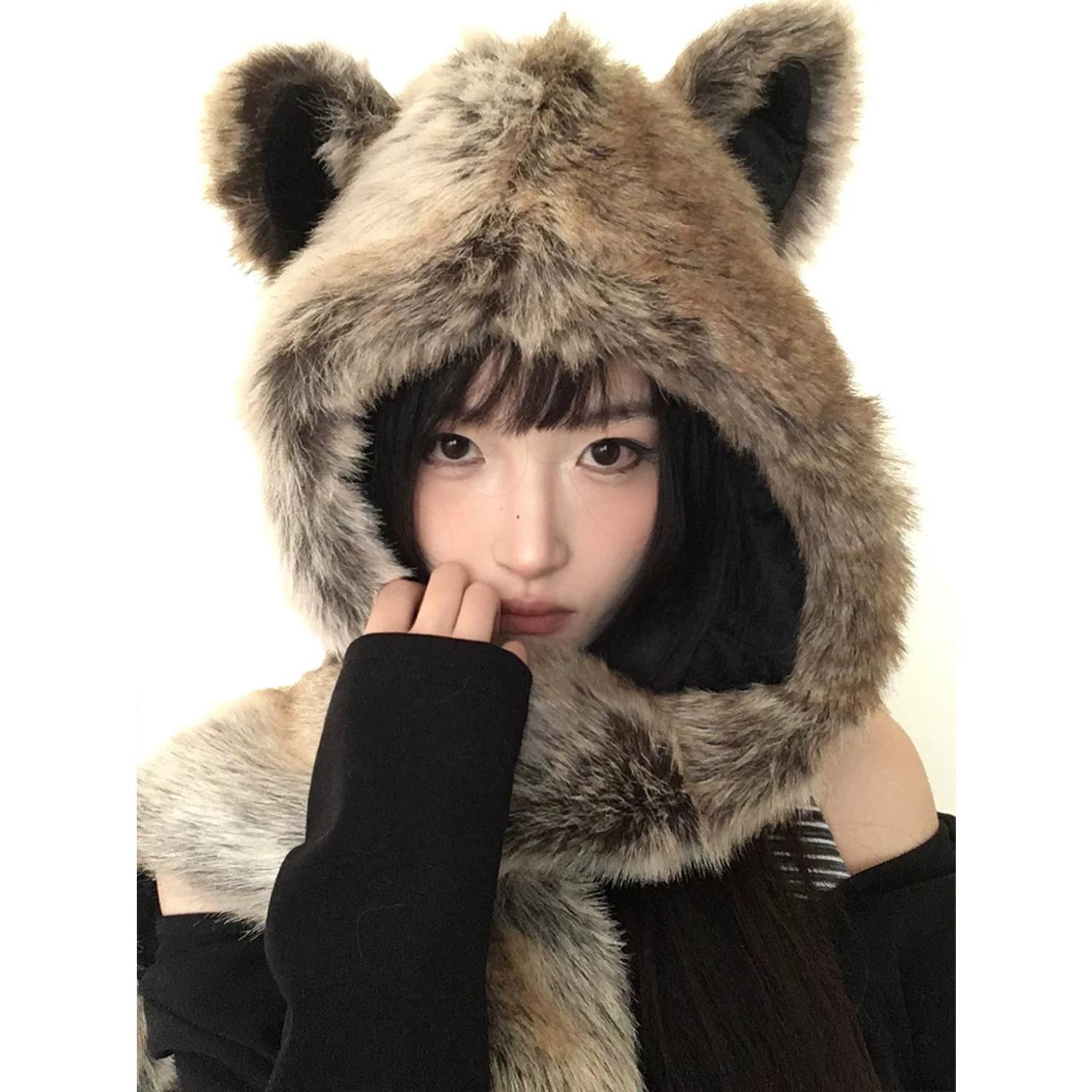 

Панк Зима Универсальная Эбби Хотти Плюшевая Шапка Мех Лисы Искусственный Мех Шарф Перчатки Интегрированные Теплые one size fits all темно-коричневого