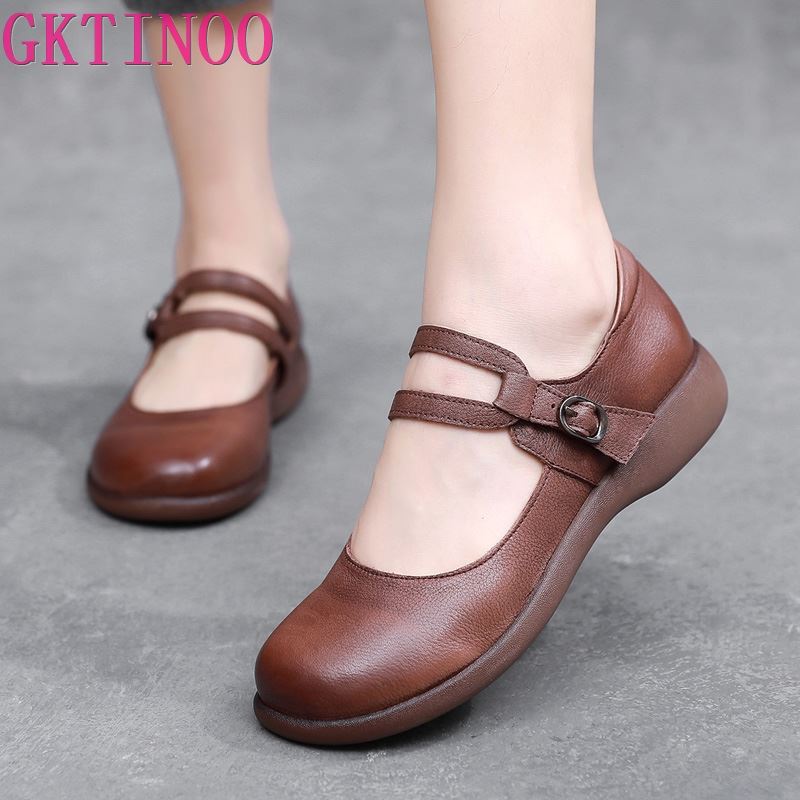 Fashion GKTINOO Leather Shoes Women Mary Janes Genuine Leather Women's Shoes Round Toe Belt Buckle Ladies Casual Flats Large Size