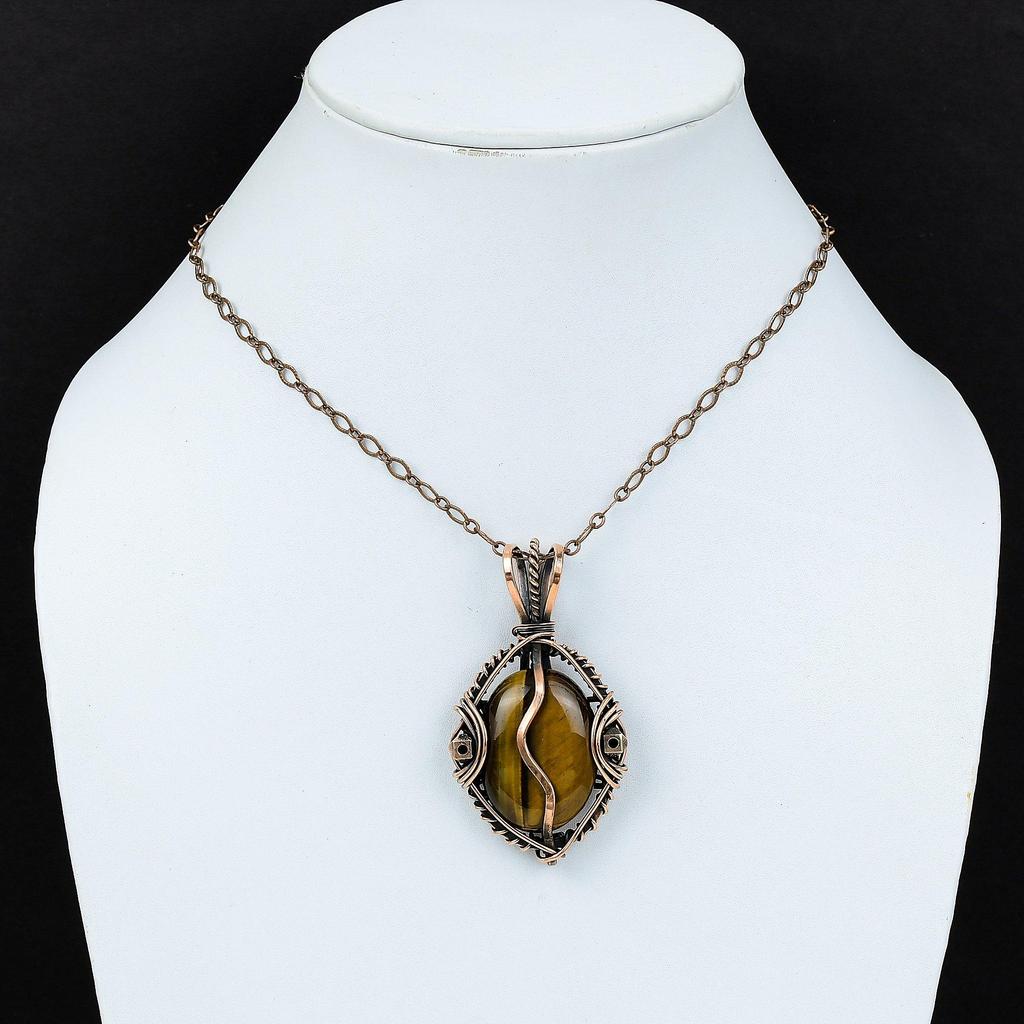 Tiger Eye Pendant, Handmade Gemstone 999 Copper Wire Wrapped Pendant Antique Jewelry, For Gift Silver Jewelry